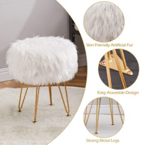 Mxfurhawa Faux Fur Storage Ottoman Round Furry Vanity Stool Marble Grain Tray Coffee Table Compact Footrest Stool with 4 Metal Legs Soft Makeup Seat Foot Stools for Living Room Bedroom Entryway White