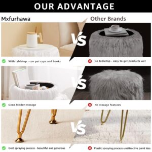 Mxfurhawa Faux Fur Storage Ottoman Round Furry Vanity Stool Marble Grain Tray Coffee Table Compact Footrest Stool with 4 Metal Legs Soft Makeup Seat Foot Stools for Living Room Bedroom Entryway White