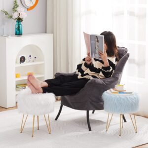 Mxfurhawa Faux Fur Storage Ottoman Round Furry Vanity Stool Marble Grain Tray Coffee Table Compact Footrest Stool with 4 Metal Legs Soft Makeup Seat Foot Stools for Living Room Bedroom Entryway White