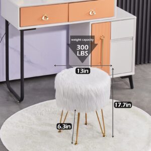 Mxfurhawa Faux Fur Storage Ottoman Round Furry Vanity Stool Marble Grain Tray Coffee Table Compact Footrest Stool with 4 Metal Legs Soft Makeup Seat Foot Stools for Living Room Bedroom Entryway White