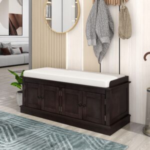 knocbel entryway storage bench with removable cushion, 4 doors and adjustable shelves, hallway foyer bathroom bedroom shoe bench, 200lbs weight capacity, 42.7" w x 16" d x 17.4" h (espresso)