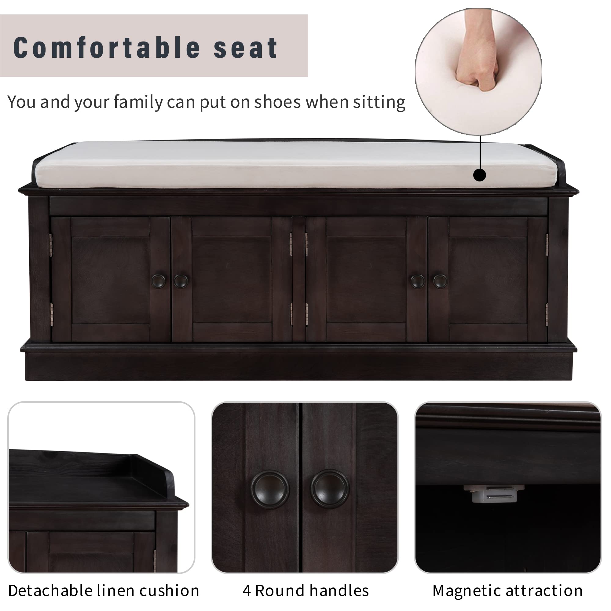 Knocbel Entryway Storage Bench with Removable Cushion, 4 Doors and Adjustable Shelves, Hallway Foyer Bathroom Bedroom Shoe Bench, 200lbs Weight Capacity, 42.7" W x 16" D x 17.4" H (Espresso)