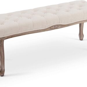 VONLUCE Vintage Dining Bench with Padded Seat & Rubberwood Legs, 44" Memory Foam Upholstered Entryway Bench, Tufted Fabric End of Bed Bench for Bedroom and Living Room, French Style, Beige