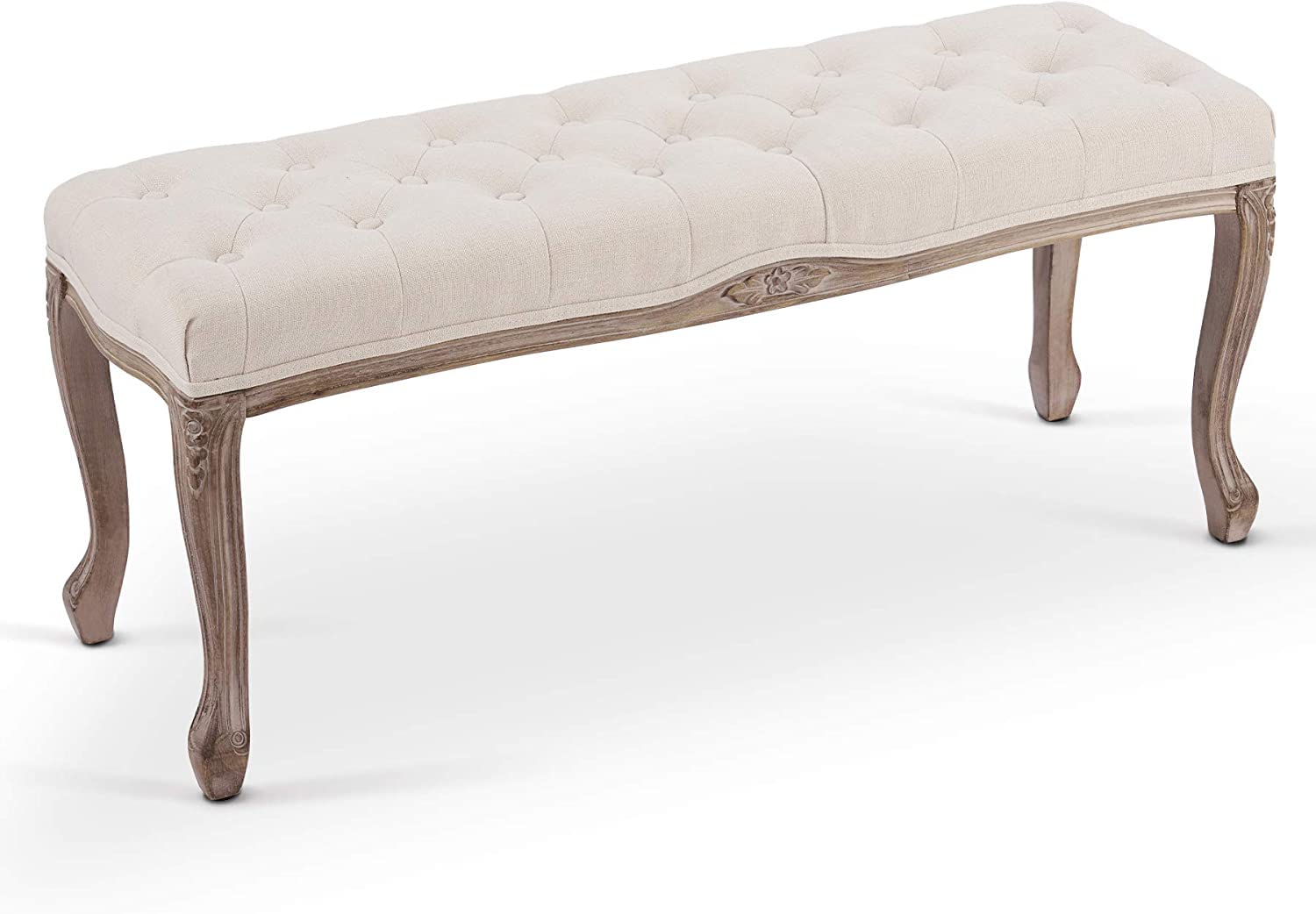 VONLUCE Vintage Dining Bench with Padded Seat & Rubberwood Legs, 44" Memory Foam Upholstered Entryway Bench, Tufted Fabric End of Bed Bench for Bedroom and Living Room, French Style, Beige