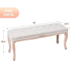 VONLUCE Vintage Dining Bench with Padded Seat & Rubberwood Legs, 44" Memory Foam Upholstered Entryway Bench, Tufted Fabric End of Bed Bench for Bedroom and Living Room, French Style, Beige