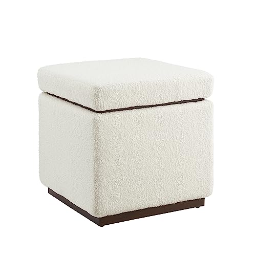 Linon Lexington Sherpa Upholstered Square Storage Ottoman Accents, Cream & Dark Walnut