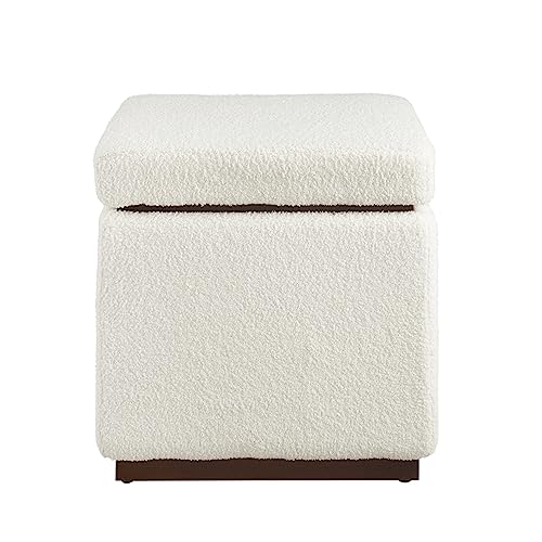 Linon Lexington Sherpa Upholstered Square Storage Ottoman Accents, Cream & Dark Walnut