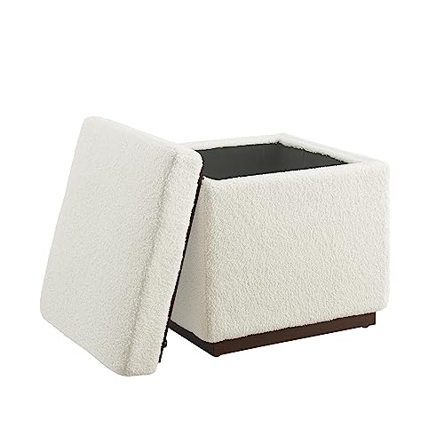 Linon Lexington Sherpa Upholstered Square Storage Ottoman Accents, Cream & Dark Walnut