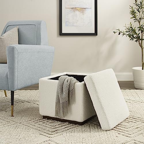 Linon Lexington Sherpa Upholstered Square Storage Ottoman Accents, Cream & Dark Walnut