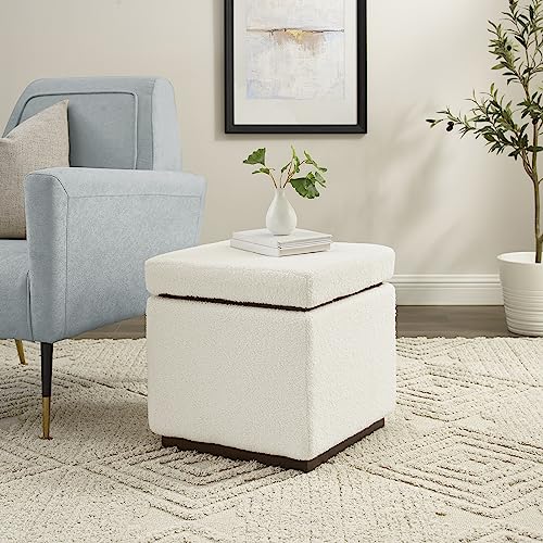 Linon Lexington Sherpa Upholstered Square Storage Ottoman Accents, Cream & Dark Walnut