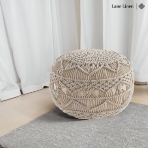 LANE LINEN Pouf Ottoman - Hand Knitted Ottoman Foot Rest, Large Round Pouf, Poufs for Living Room, Bean Bag Ottoman, Floor Pouf, Macrame Chair - 20 Diameter x 14 Height - Mystic Pure Natural