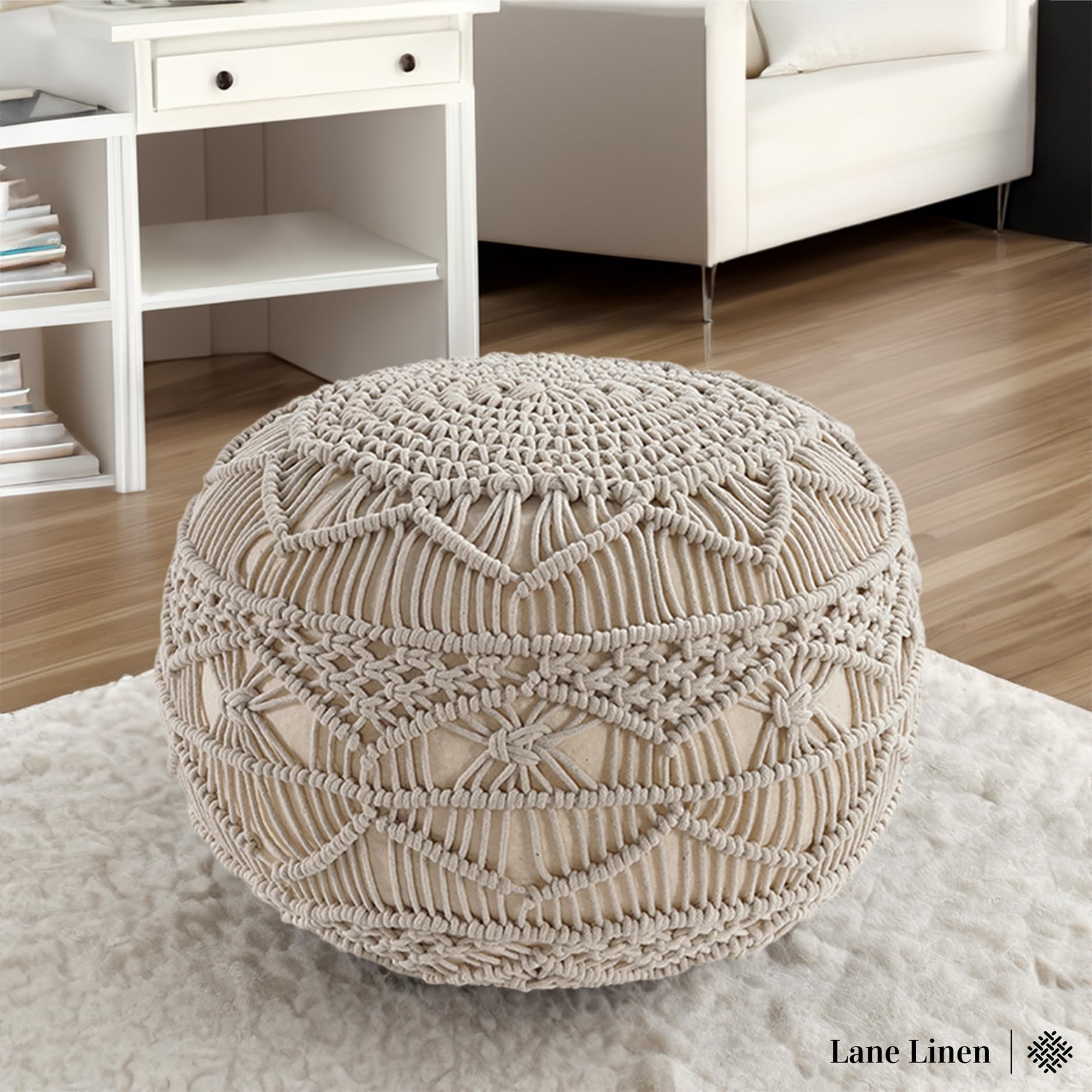 LANE LINEN Pouf Ottoman - Hand Knitted Ottoman Foot Rest, Large Round Pouf, Poufs for Living Room, Bean Bag Ottoman, Floor Pouf, Macrame Chair - 20 Diameter x 14 Height - Mystic Pure Natural