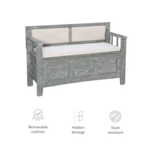 Linon Weathered Grey Carlton Storage Bench with Beige Upholstered Back and Cushioned Seat