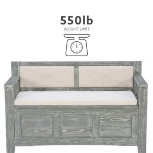 Linon Weathered Grey Carlton Storage Bench with Beige Upholstered Back and Cushioned Seat