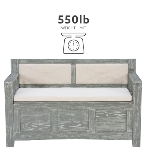 Linon Weathered Grey Carlton Storage Bench with Beige Upholstered Back and Cushioned Seat