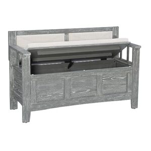 Linon Weathered Grey Carlton Storage Bench with Beige Upholstered Back and Cushioned Seat