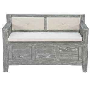 Linon Weathered Grey Carlton Storage Bench with Beige Upholstered Back and Cushioned Seat