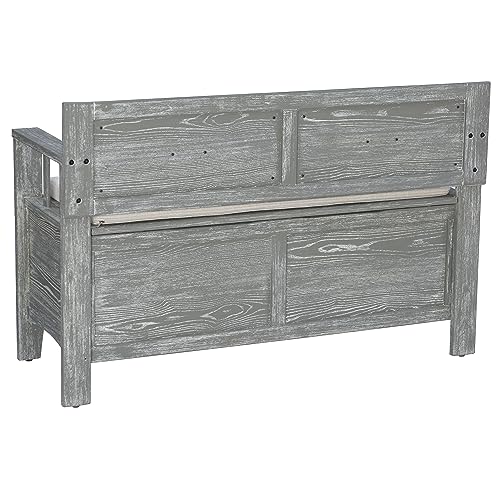 Linon Weathered Grey Carlton Storage Bench with Beige Upholstered Back and Cushioned Seat