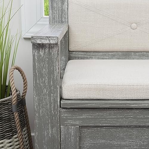 Linon Weathered Grey Carlton Storage Bench with Beige Upholstered Back and Cushioned Seat