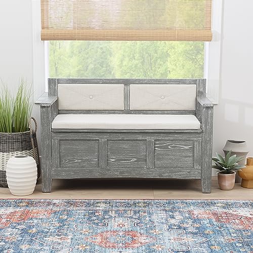 Linon Weathered Grey Carlton Storage Bench with Beige Upholstered Back and Cushioned Seat