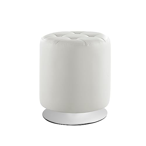 Linon White Sikes Faux Leather Tufted Swivel Ottoman with Chrome Base