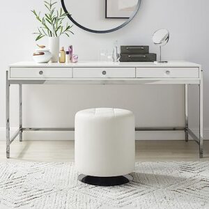 Linon White Sikes Faux Leather Tufted Swivel Ottoman with Chrome Base