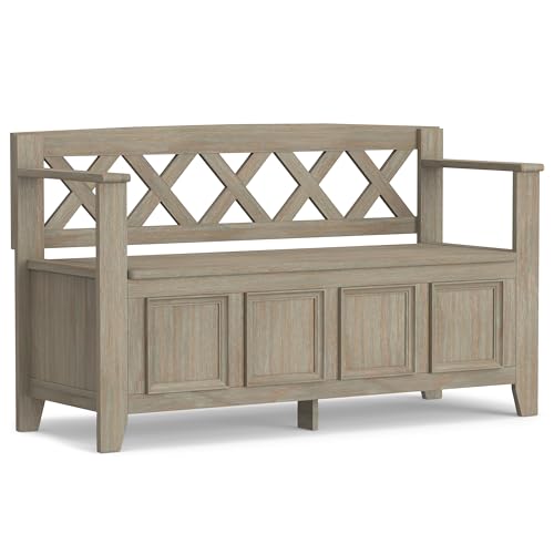 SIMPLIHOME Amherst SOLID WOOD 48 inch Wide Entryway Storage Bench with Safety Hinge, Multifunctional Transitional in Distressed Grey