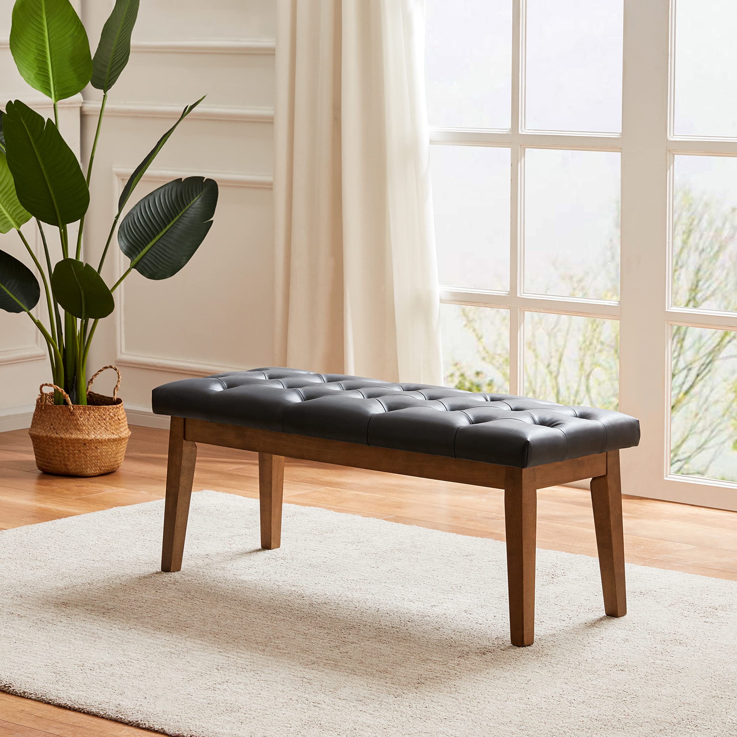 HUIMO Entryway Bench, Black Leather, Solid Wood, Durable and Wear-Resistant