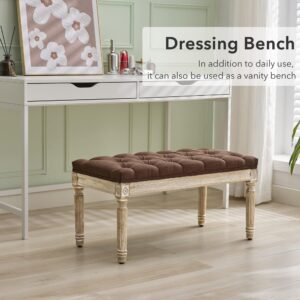 LOULENS French Vintage Bench, Linen Fabric Entryway Bench, Upholstered Tufted End of Bed Bench with Brushed Wood Legs, Brown