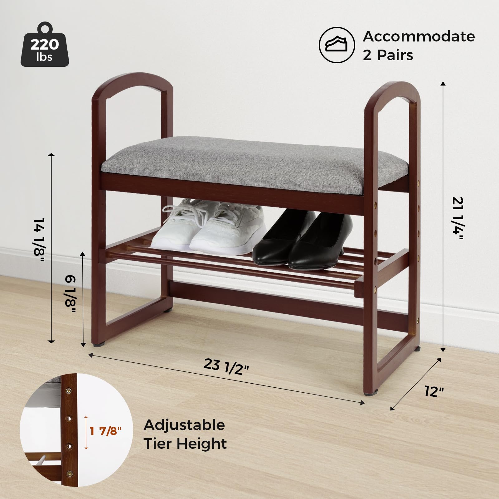 StrongTek Elderly-Friendly Bamboo Shoe Bench with Armrests, Lightweight with 220 lbs Capacity, Entryway Bench with Soft Cushion, Small Shoe Rack for Up to 4 Pairs of Shoes, Suitable for All Ages