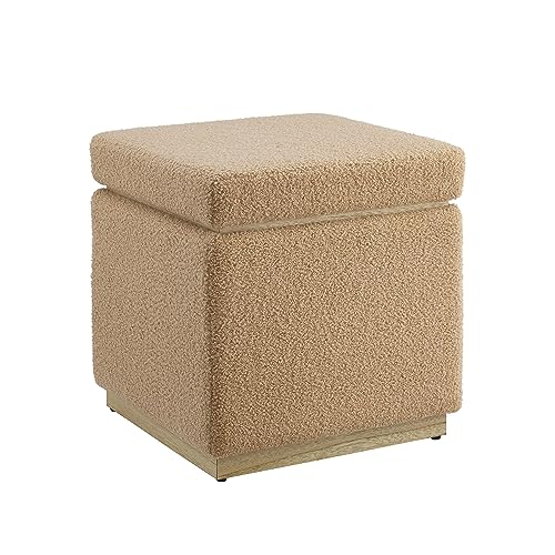 Linon Tan Lexington Sherpa Upholstered Square Storage Ottoman with Pine Wood Accent