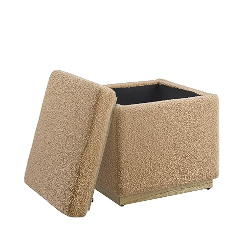 Linon Tan Lexington Sherpa Upholstered Square Storage Ottoman with Pine Wood Accent