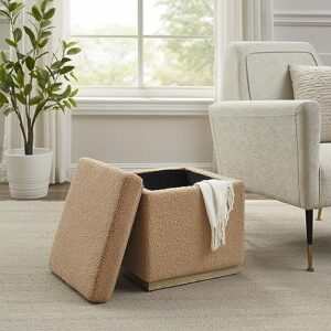 Linon Tan Lexington Sherpa Upholstered Square Storage Ottoman with Pine Wood Accent