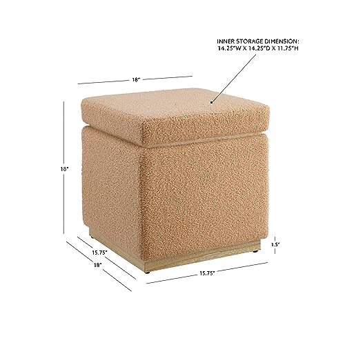 Linon Tan Lexington Sherpa Upholstered Square Storage Ottoman with Pine Wood Accent