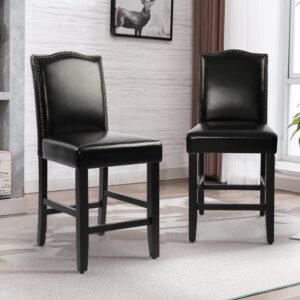 GOTMINSI Counter Bar Stools Set of 2, 24 Inch Upholstered PU Leather Wooden Counter Height Chairs with Nailheads and Solid Wood Legs for Home Kitchen and Restaurant, Black