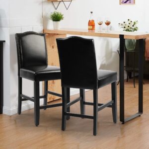 GOTMINSI Counter Bar Stools Set of 2, 24 Inch Upholstered PU Leather Wooden Counter Height Chairs with Nailheads and Solid Wood Legs for Home Kitchen and Restaurant, Black