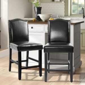 GOTMINSI Counter Bar Stools Set of 2, 24 Inch Upholstered PU Leather Wooden Counter Height Chairs with Nailheads and Solid Wood Legs for Home Kitchen and Restaurant, Black