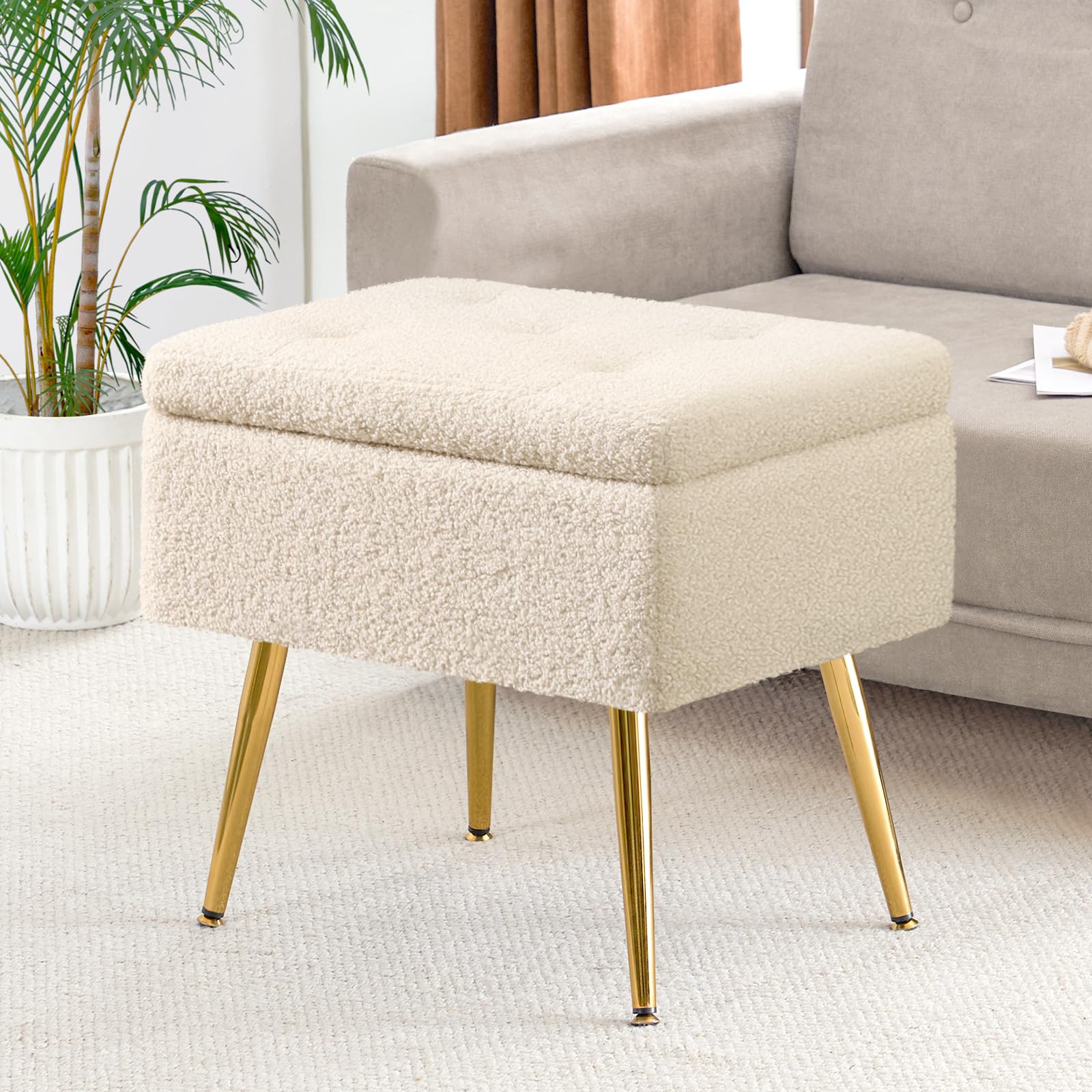 Furniliving Vanity Stool, 19.75" W x 14.75" W x 18.5" H Sherpa Vanity Bench with Storage, Faux Fur Vanity Chair for Makeup Room, Comfy Foot Rest Modern Ottoman for Bedroom, Living Room(IvoryWhite)