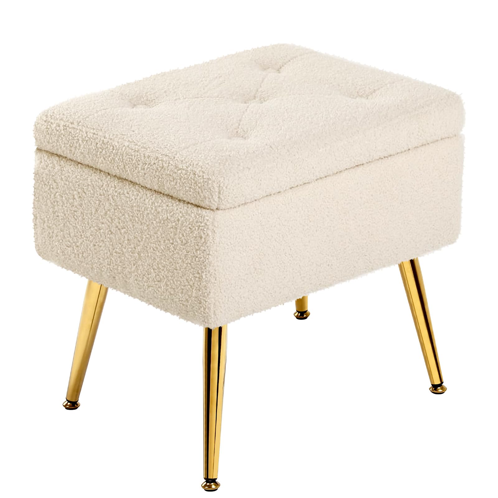 Furniliving Vanity Stool, 19.75" W x 14.75" W x 18.5" H Sherpa Vanity Bench with Storage, Faux Fur Vanity Chair for Makeup Room, Comfy Foot Rest Modern Ottoman for Bedroom, Living Room(IvoryWhite)