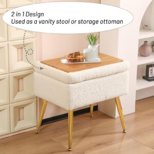 Furniliving Vanity Stool, 19.75" W x 14.75" W x 18.5" H Sherpa Vanity Bench with Storage, Faux Fur Vanity Chair for Makeup Room, Comfy Foot Rest Modern Ottoman for Bedroom, Living Room(IvoryWhite)