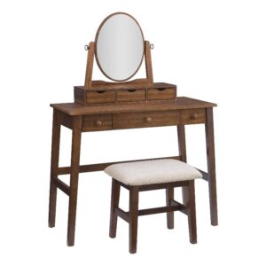 Linon Iris Wood Vanity & Padded Stool Set Oval Mirror 5 Drawers in Walnut Brown