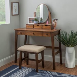 Linon Iris Wood Vanity & Padded Stool Set Oval Mirror 5 Drawers in Walnut Brown