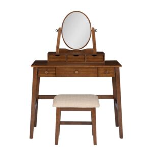 Linon Iris Wood Vanity & Padded Stool Set Oval Mirror 5 Drawers in Walnut Brown