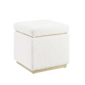 Linon Cream Lexington Sherpa Upholstered Square Storage Ottoman with Natural Wood Accent