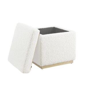 Linon Cream Lexington Sherpa Upholstered Square Storage Ottoman with Natural Wood Accent