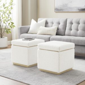 Linon Cream Lexington Sherpa Upholstered Square Storage Ottoman with Natural Wood Accent