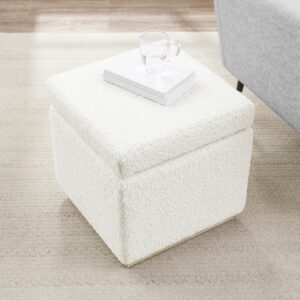 Linon Cream Lexington Sherpa Upholstered Square Storage Ottoman with Natural Wood Accent