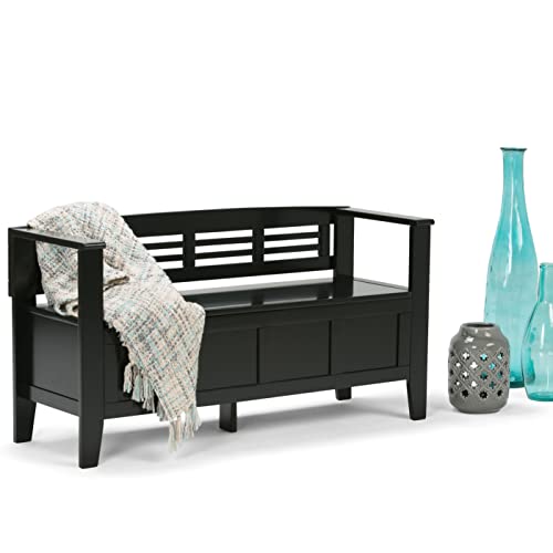 SIMPLIHOME Adams SOLID WOOD 48 Inch Wide Contemporary Entryway Storage Bench with Safety Hinge, Multifunctional Rustic in Black, For the Living Room, Entryway and Family Room