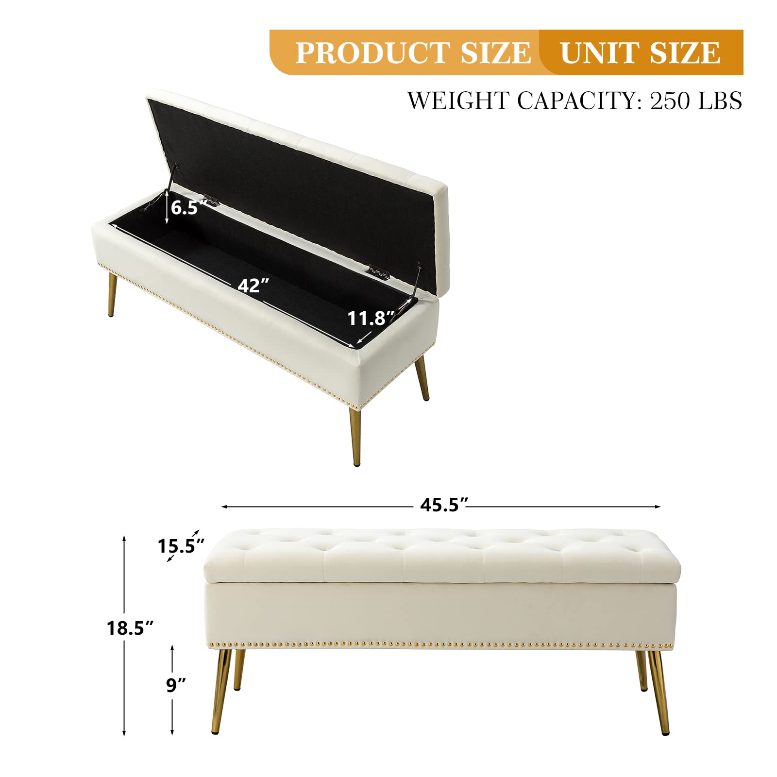 HULALA HOME Modern Velvet Storage Ottoman Bench with Gold Base & Nailhead Trim, Upholstered Bedroom Bench for End of Bed, Button-Tufted Footstool for Entryway Living Room Dining Room, Ivory