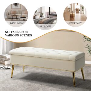 HULALA HOME Modern Velvet Storage Ottoman Bench with Gold Base & Nailhead Trim, Upholstered Bedroom Bench for End of Bed, Button-Tufted Footstool for Entryway Living Room Dining Room, Ivory